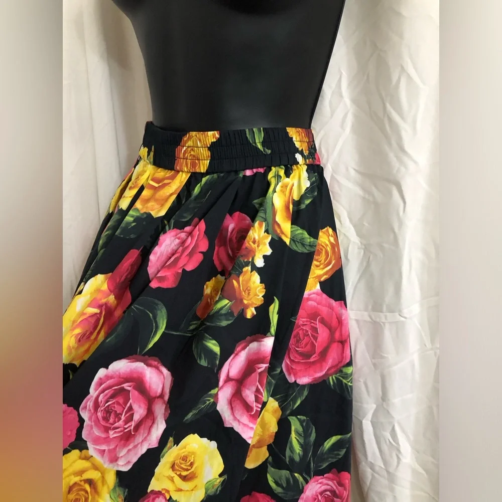 Joie black and yellow red pink roses print maxi cotton blend skirt size medium